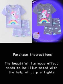 Young Girl' Navy Blue Cute Unicorn Print Short Sleeve Shorts 2 Pieces Pajama Set - Mauve Purple - View 7