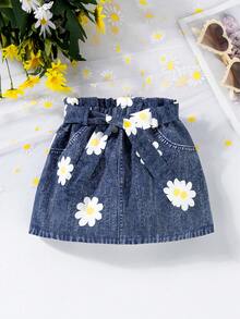 SHEIN Vintaside Kids Baby Girl Floral Print Bottoms With Bow Decoration - Navy Blue - View 5
