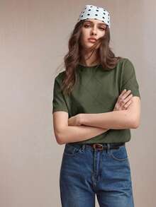 SHEIN BIZwear 新款春夏圆领菱形网眼图案防起球透气真丝混纺针织上衣，可叠穿或单穿，夏季百搭 - 墨綠色 - 查看 6