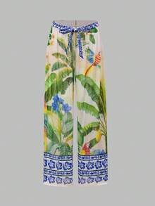 Swim Oasis 女士夏季海滩度假热带植物鹦鹉印花连体泳衣和阔腿罩裤套装，适合海滩、水上活动和散步 - 彩色 - 查看 4