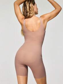 SHAPORA Body de unicolor con cuello de pico y shorts para mujer - Café integral - Ver 3