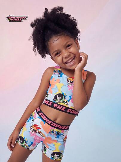 THE POWERPUFF GIRLS X SHEIN Maija Kids Bộ đồ bơi 2 món in chữ hoạt hình cho bé gái, thích hợp cho mùa xuân/hè.
