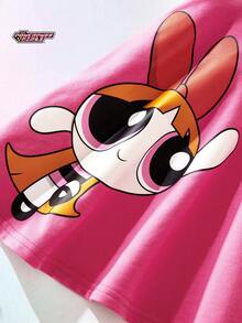 THE POWERPUFF GIRLS X SHEIN Maija Kids 女童卡通动物印花柔软针织圆领短袖连衣裙 - 淺粉色 - 查看 6