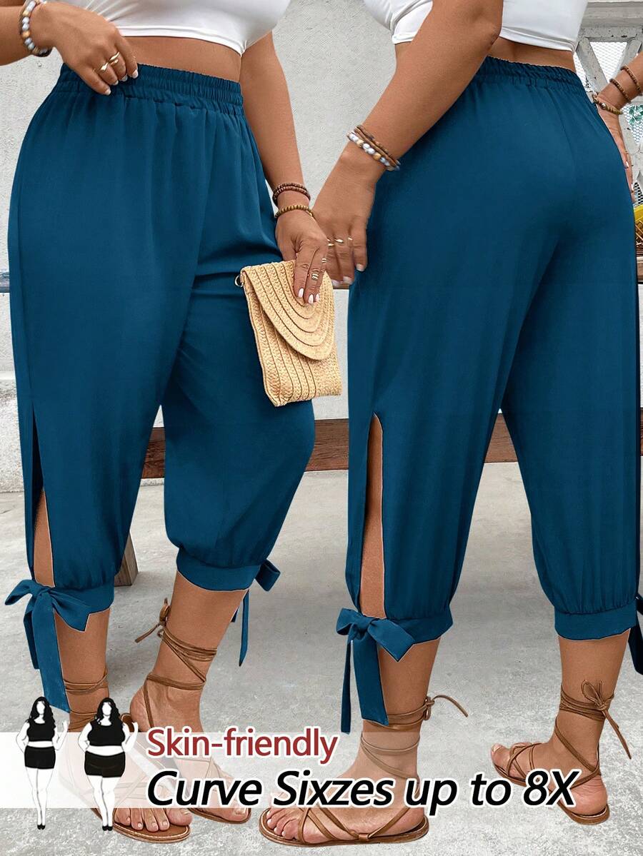 SHEIN CURVE+ Plus Size High Waist Drawstring 7/8 Pants, Spring/Summer - Blue - View 1