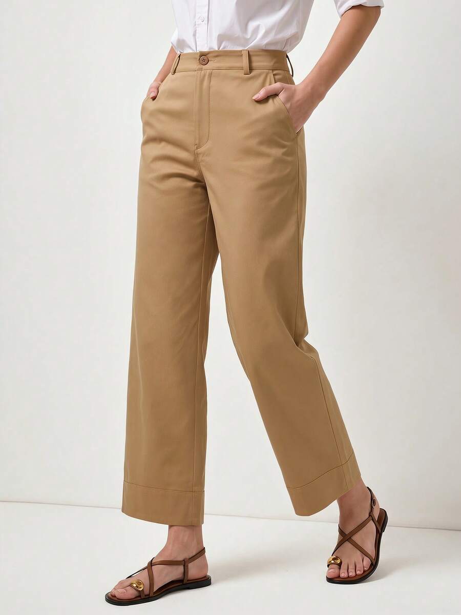 Briarwyn Women's Solid Color Slant Pocket Casual Daily Spring/Summer Pants Fit For Wear,Summer Outfits Women, ,Vacation - Khaki - View 1