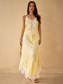 Silquee Women's Spring/Summer Satin & Lace Patchwork Camisole - Yellow - View 7