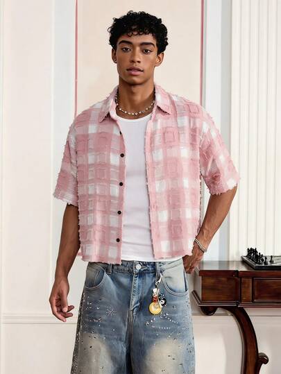 AXEPEAK 男士格纹梭织短袖短款衬衫，适合夏季