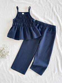 Vintaside Kids 2pcs/Set Young Girls' Floral Print Sleeveless Top And Matching Pants, Fitted Style Suitable For Outings, Casual, Sports, Parties - Navy Blue - View 4