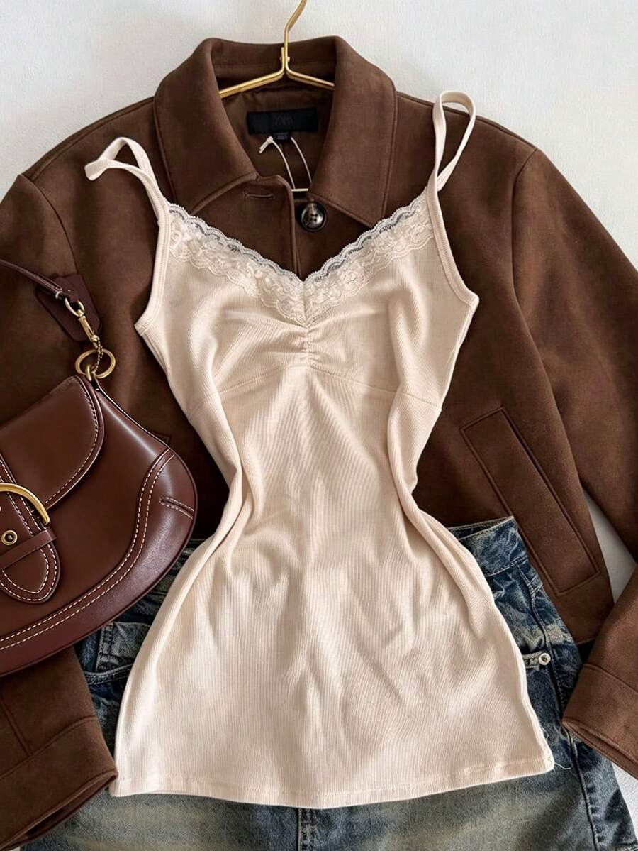 INAWLY Summer Y2K Vintage Lace Trim Decor Vacation Women Camisole Tank Top - Apricot - View 1