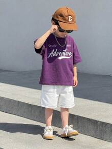 2pcs/Set Young Boys Summer Casual Korean Style Personalized Letter Print Short Sleeve T-Shirt And Pocket Shorts Set,Comfortable Daily Wear Outfits - Purple - View 3