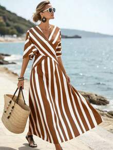 SHEIN Holidaya 女士黄色条纹宽松度假春夏V领修身连衣裙，适合度假、休闲、居家和日常活动 - 棕色 - 查看 8