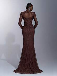 Elitara Elegant 3D Lace Round Neck Wide Shoulder Padded Sheer Long Sleeve Waist Ruched Fishtail Hem Backless Dress For Formal Weddings - Coffee Brown - View 2