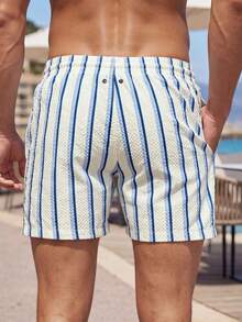 Manfinity Swimmode Men's Drawstring Waist Blue And White Striped Casual Tropical Beach Vacation Shorts Summer Textured Pocket Tropical Swim Bathing Pool Party Gift - Multicolor - View 2