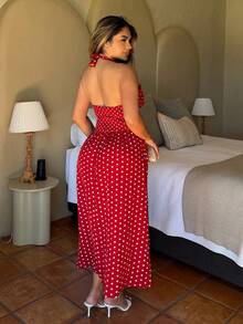 Maria Perezxox 女士夏季休闲度假波点印花露背吊带连衣裙派对 - 紅白色 - 查看 2