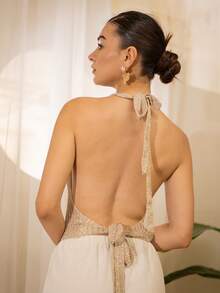 Andrea Bello 系带深V领派对风女士针织上衣，2026年新款，海滩度假风。度假、夏季假期、优雅、假日、度假。闪亮针织上衣。 - 卡其色 - 查看 2