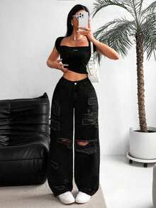 SHEIN EZwear Women Casual Distressed Wide Leg Denim Jeans - Black - View 5