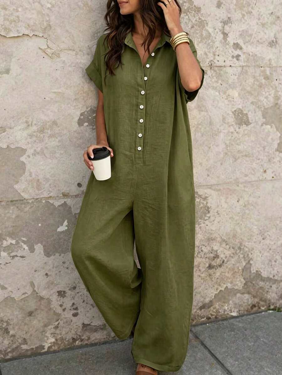 Casual Vacation Style White Linen-Feel Collared Short Sleeve Wide Leg Jumpsuit - Green - View 1