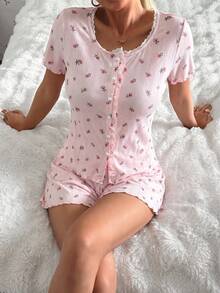 DAZY 2pcs Sweet Ditsy Floral Ruffle Trim Short Sleeve Shorts Pajama Set For Women, Summer - Baby Pink - View 1