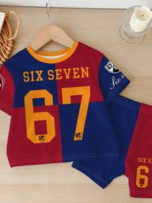 SHEIN 2pcs/Set Young Girl Casual Minimalist Short Sleeve Shorts Outfit, Suitable For Summer, Classic Football Baby Design, Cool Color Block Patchwork Print, Slogan "6,7,SIX,SEVEN" Print, Football Graphic Print, Suitable For Sports, Suitable For Spring & Summer - Multicolor - View 4