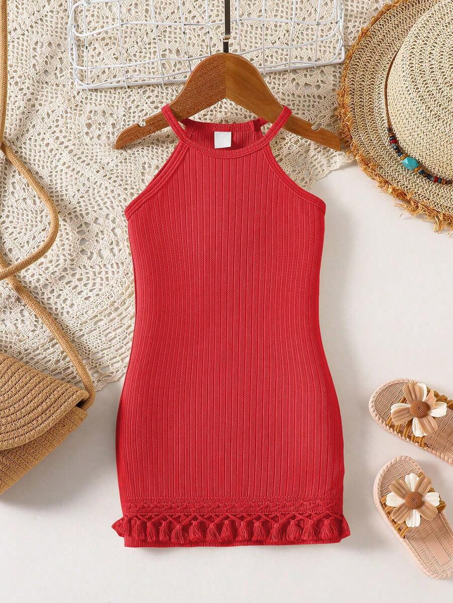 SHEIN Genkimix Kids 1 chiếc đầm dệt kim xoắn có tua rua cho bé gái, thích hợp cho kỳ nghỉ ngoài trời ở bãi biển, mùa hè. - Đỏ - Xem 1