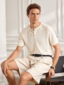 Officeau Camisa polo de manga corta con cuello henley, textura de gofre y unicolor casual para hombre, verano - Beis - Ver 8