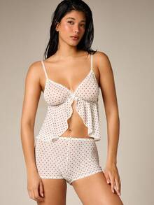 AiiRZ Polka Dot Mesh Babydoll Lingerie Set With Tie Front Camisole And Matching Shorts Intimate Sleepwear - White - View 4