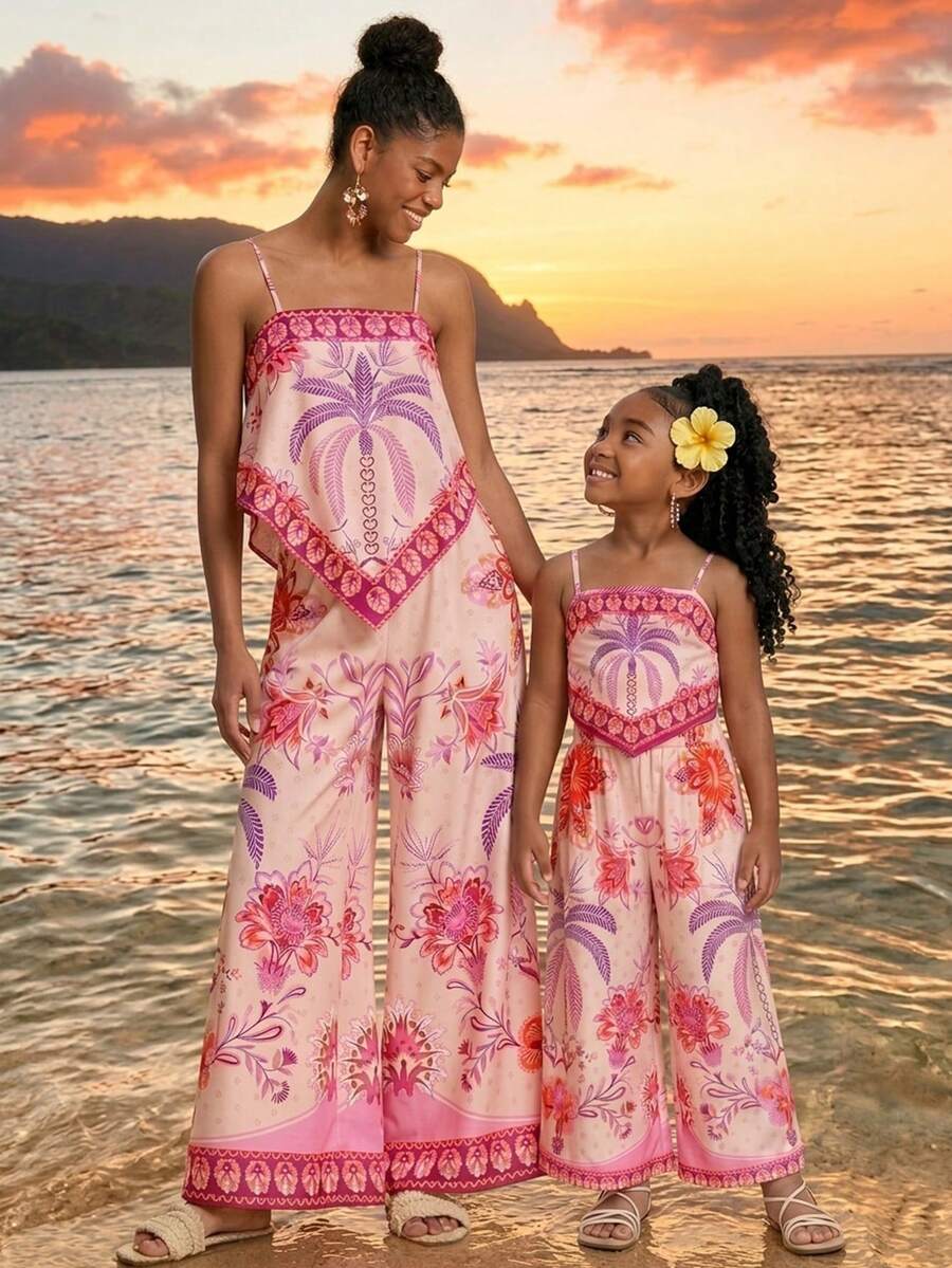 女童休闲热带度假印花吊带背心(弧形下摆)和长裤两件套 - 彩色 - 查看 1