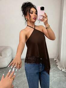 GlowEve Áo hai dây nữ mùa hè mới, áo hai dây màu đen, cổ yếm buộc dây, viền ren bất đối xứng, áo hai dây gợi cảm dành cho nữ, áo hai dây ôm sát hở lưng sang trọng với ren trang trí, áo không tay gợi cảm, phù hợp cho tiệc tùng, cocktail, các dịp trang trọng và công sở thường ngày, trang phục đi biển dành cho nữ. - màu nâu - Xem 4