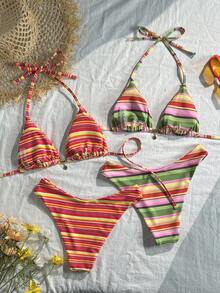 Swim Mod Bộ bikini 4 mảnh cổ yếm kẻ sọc nhiều màu sắc mùa xuân/hè 2026 thích hợp cho kỳ nghỉ biển. - Nhiều màu - Xem 2