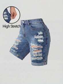 SHEIN Girlism Teen Girl Y2K Spring Summer Beach Holiday Solid Washed Low Waist Ripped Raw Hem Denim Shorts, Summer Biker Shorts Boho Beach Concert Rave Festival - Medium Wash - View 1