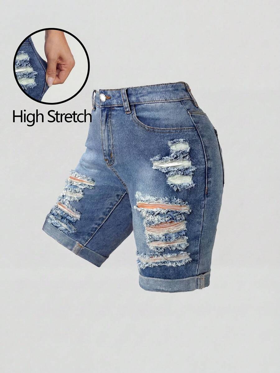 SHEIN Girlism Teen Girl Y2K Spring Summer Beach Holiday Solid Washed Low Waist Ripped Raw Hem Denim Shorts, Summer Biker Shorts Boho Beach Concert Rave Festival - Medium Wash - View 1