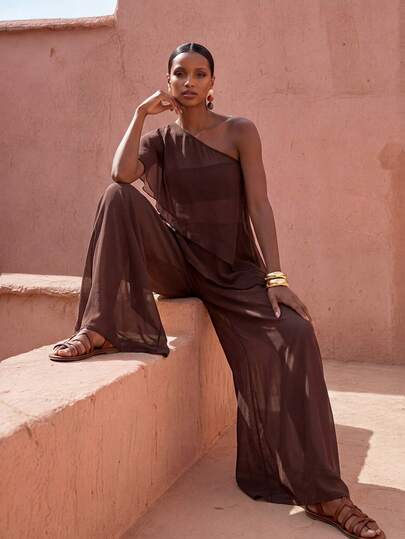 Zivah New Women's Vacation Casual Beach Pool Party Semi-Sheer Chiffon Cover Up & Wide Leg Pants Set With Cover-Up