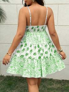 Sunnyshic French Romantic Cute Floral Fabric Flared Hem Spaghetti Strap Dress, Sweet Puff Skirt Dress Vacation White Summer - Green - View 2