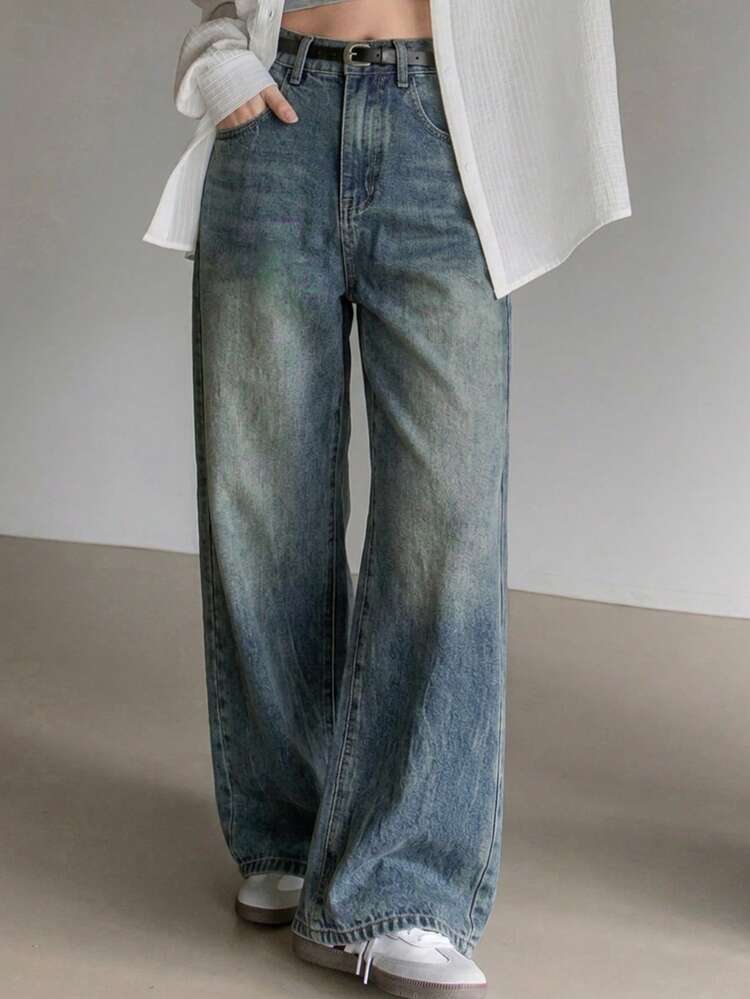 Women's Loose Fit Letter Print Rhinestone Embellished Casual Denim Jeans, Suitable For Spring & Summer