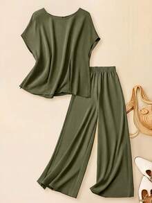 Rusticease Women's Casual Solid Color T-Shirt & Pants 2 Pieces Set,Vacation Outfits Women - Olive Green - View 3