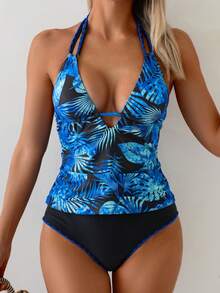 Swim Lushoire Women's Swimwear Set, Botanical Print, Hollow-Out Ruched Design, Slimming, 2 Pieces For Summer Holiday Beach Golf White Sexy - Multicolor - View 4