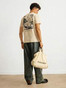 SWAVVY Men's Letter Print Round Neck Casual Knit Short Sleeve T-Shirt - Khaki - View 3