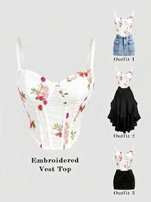 SHEIN MOD Women's Summer Casual Vacation Embroidered Bralette Camisole - White - View 3