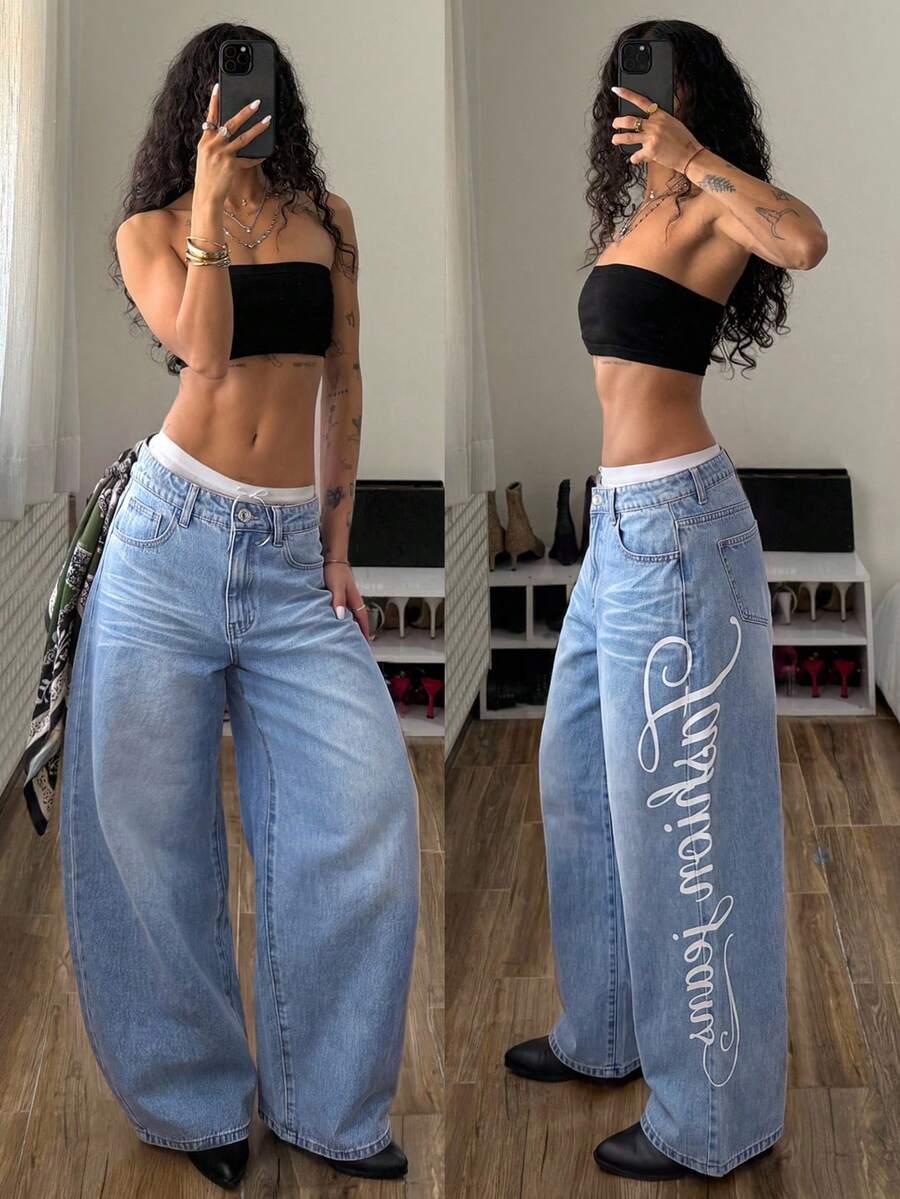 StreetHx Quần jean denim nữ ống rộng có túi, kiểu dáng đường phố, in chữ, phong cách thường ngày. - Rửa nhẹ - Xem 1