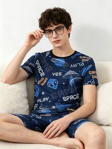 Blue Minimalist Astronaut Letter Print Short Sleeve & Shorts 2 Pieces Pajama Set For Teenage Boys - Blue - View 8