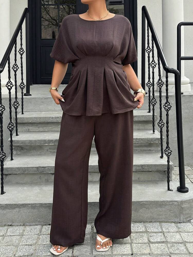 Dazy Plus Spring/Summer Loose Business Casual Fashionable Street Style Ruffle Design Cinched Waist Office Wear Pullover Top Short Sleeve Shirt & Straight Leg Casual Pants Suit, Elegant Plus Size Women 2-Piece Set, Brown Lounge Sets For Women