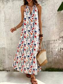 SHEIN LUNE White Floral Summer Boho Sexy Vacation Holiday Sleeveless Metal Buckle Detail Hollow Out Pleated Maxi Dress For Women Beach Golf Outfit Casual Dress - Apricot - View 7
