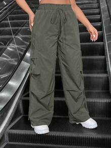 Plus Size Women Solid Color Casual Versatile Drawstring Waist Cargo Pants - Khaki - View 6