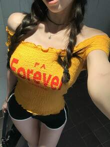 DAZY 女士字母印花露肩修身运动T恤 - 黃色 - 查看 8
