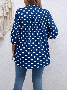 SHEIN Áo kiểu dáng cỡ lớn, cổ chữ V, tay dài, chấm bi, phong cách retro. - Màu xanh lam - Xem 2