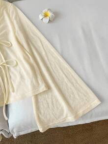 SHEIN LUNE Women's Casual Lace-Up Sheer Cream Yellow Blouse - Beige - View 4