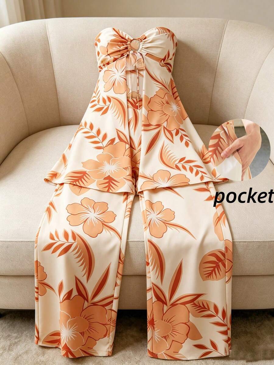 Airaco Women's All-Over Print Bandeau Top And Pants, Summer Vacation Style 2 Pieces Set - Multicolor - View 1