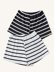 Women's Simple Daily Black And White Striped 2 Packs Sleep Shorts - Black and White - View 2