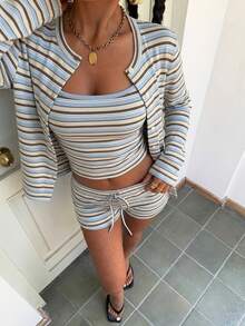 SHEIN Muchic Bộ đồ nữ dệt kim kẻ sọc phong cách đường phố thường ngày, kiểu Mỹ cổ điển, phù hợp với nhiều trang phục nữ. - Nhiều màu - Xem 3