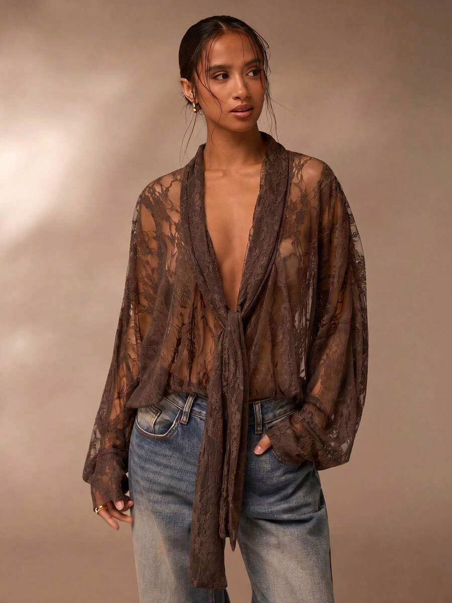 SHEIN Glamour 薄纱蕾丝衬衫,棕色蕾丝女式衬衫 - 咖啡棕 - 查看 1